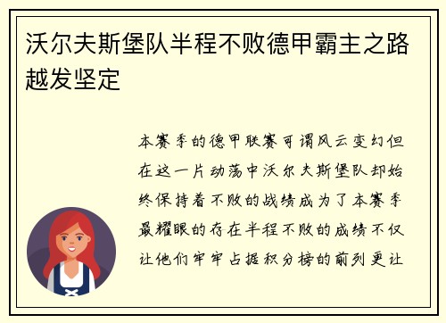 沃尔夫斯堡队半程不败德甲霸主之路越发坚定