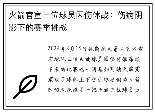 火箭官宣三位球员因伤休战：伤病阴影下的赛季挑战